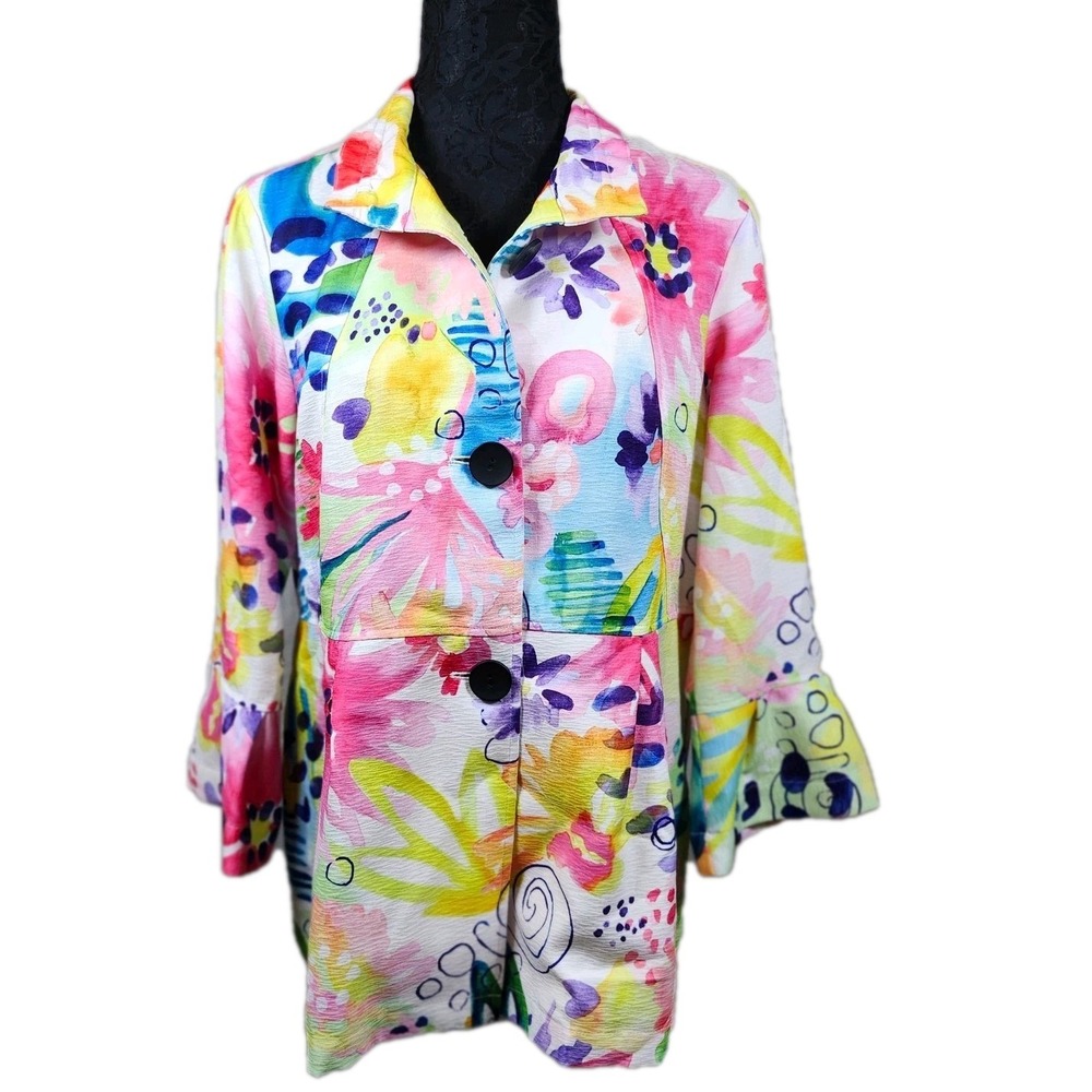Ali Miles‎ Multicolor Floral Button Front Jacket Medium Artsy Chic